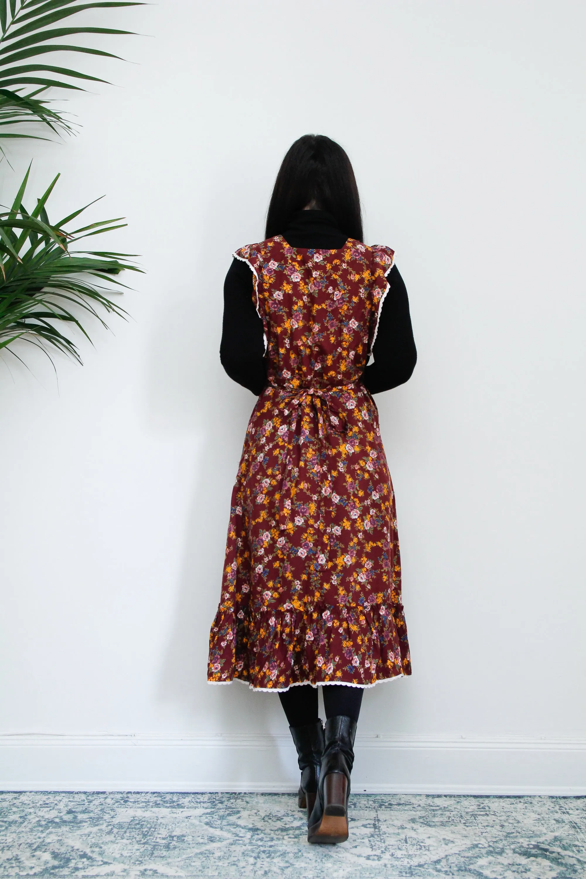 1970's Floral Apron Pinafore Cotton Maxi Dress