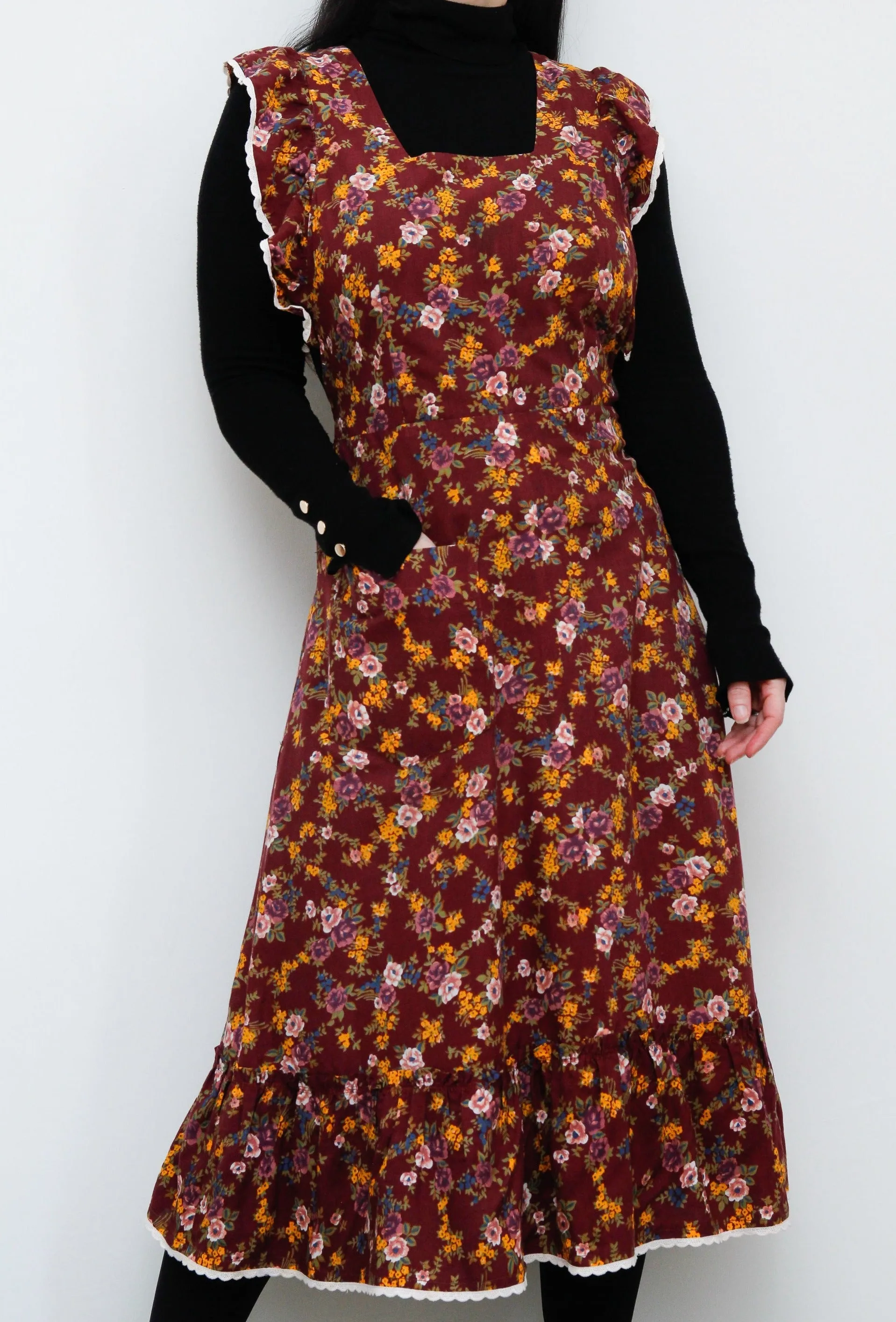 1970's Floral Apron Pinafore Cotton Maxi Dress
