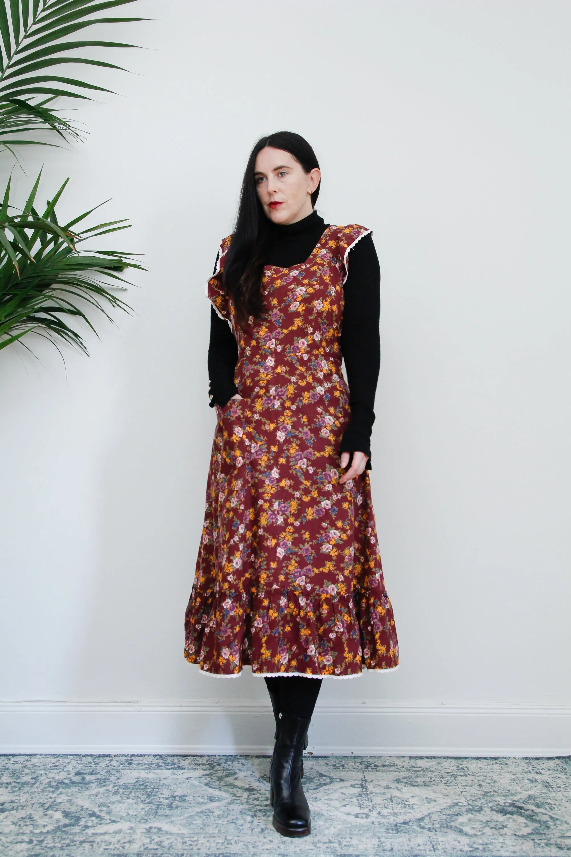 1970's Floral Apron Pinafore Cotton Maxi Dress