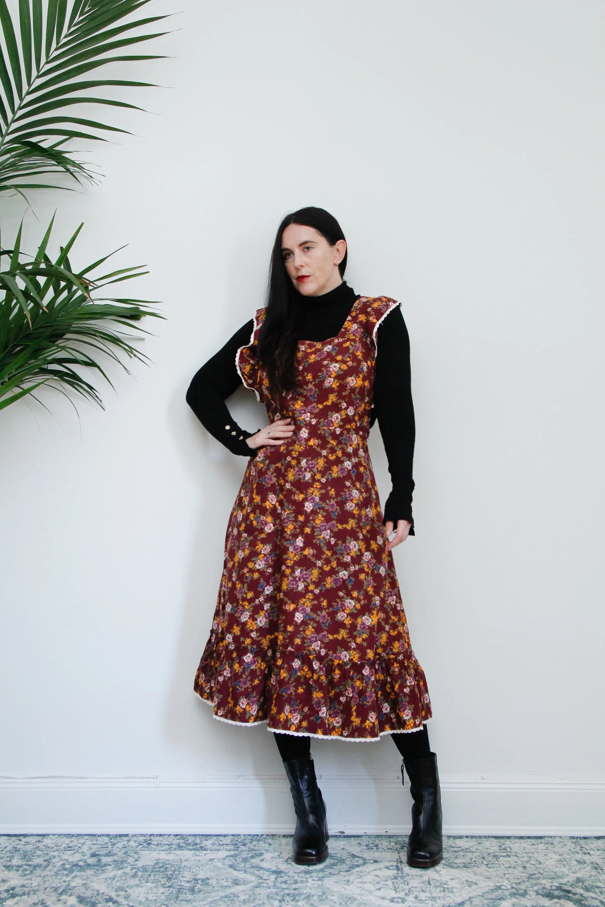 1970's Floral Apron Pinafore Cotton Maxi Dress