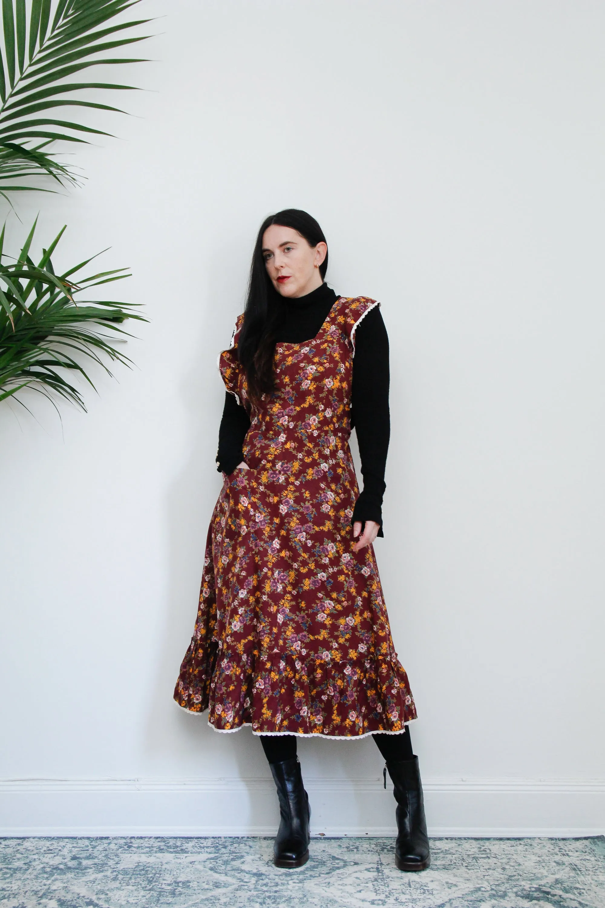 1970's Floral Apron Pinafore Cotton Maxi Dress