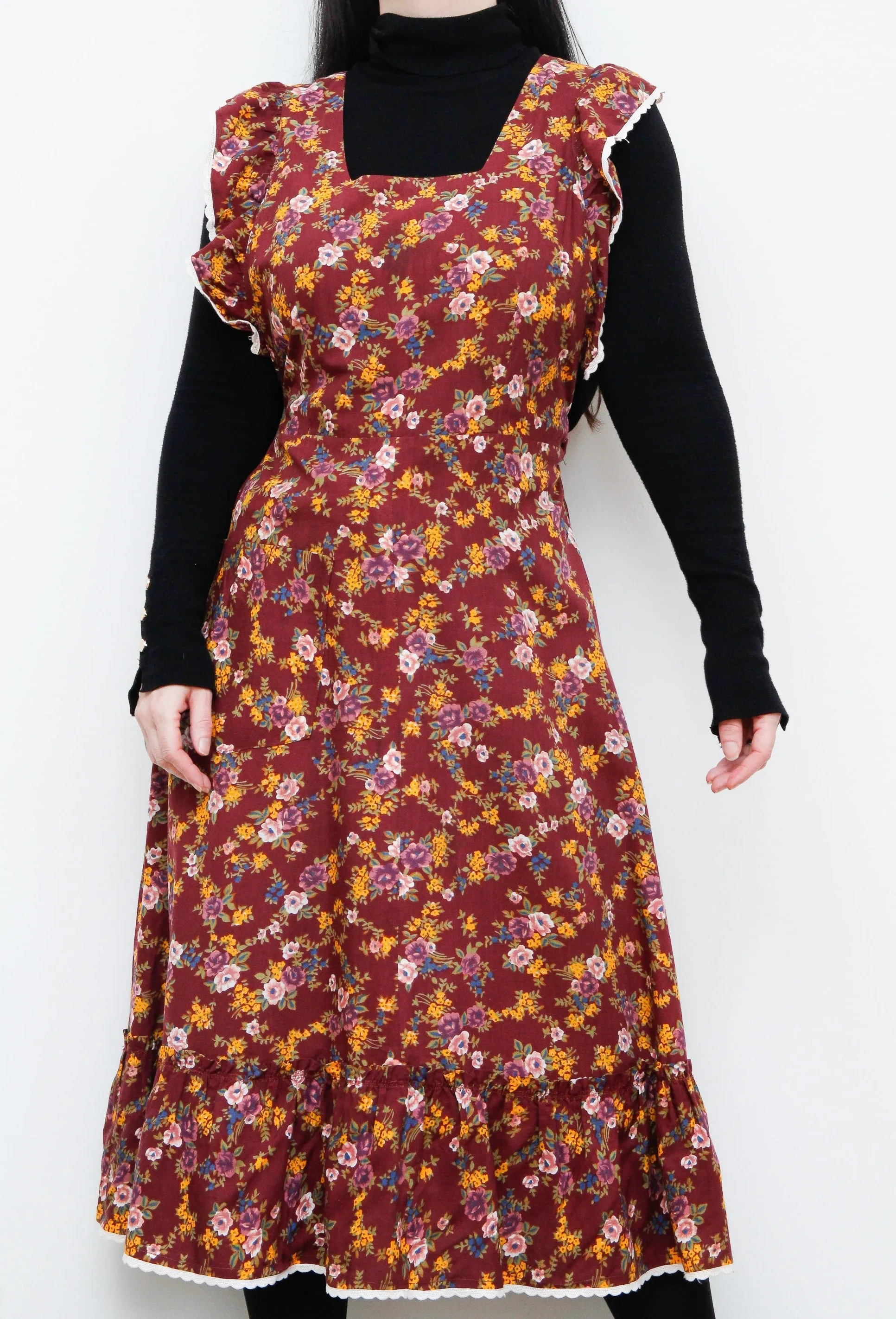 1970's Floral Apron Pinafore Cotton Maxi Dress