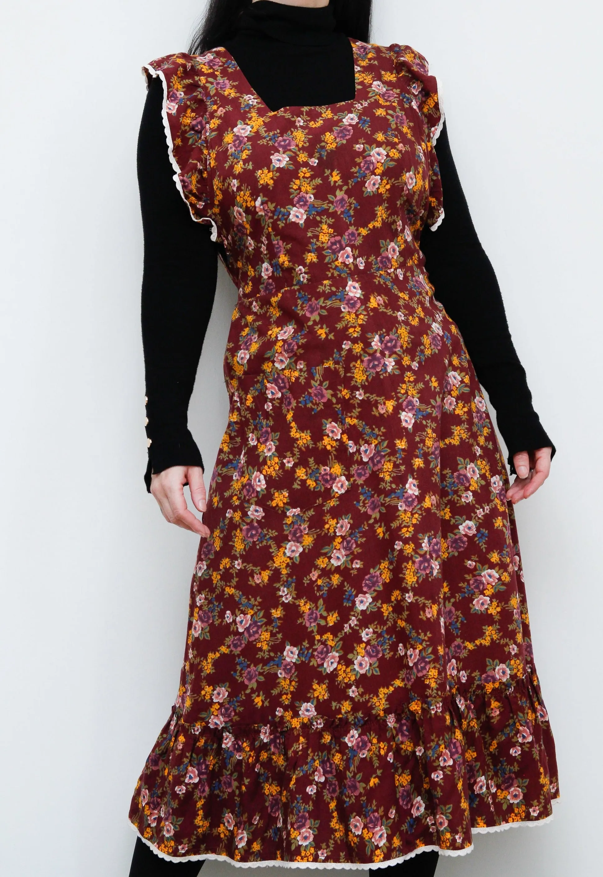 1970's Floral Apron Pinafore Cotton Maxi Dress