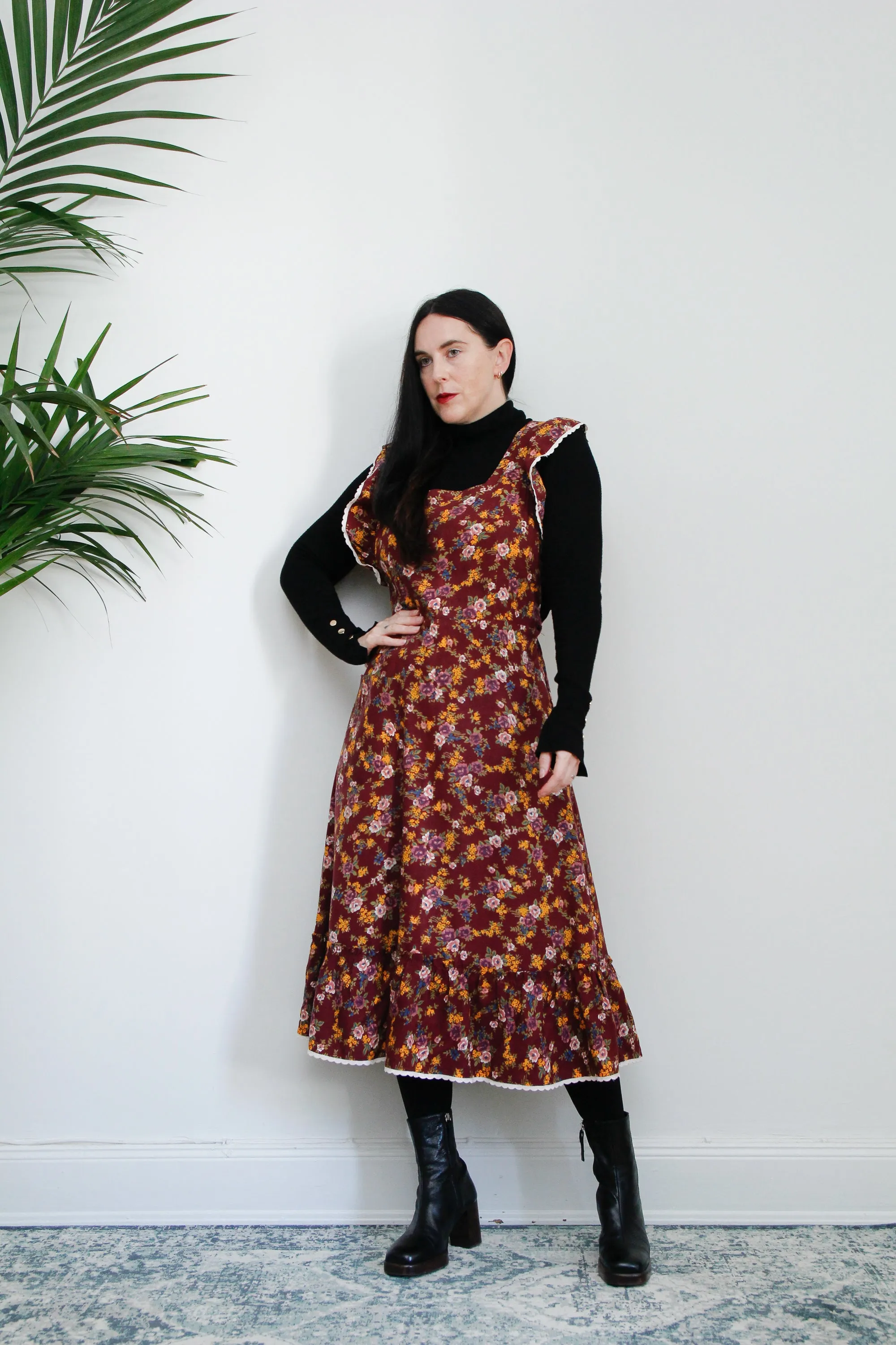 1970's Floral Apron Pinafore Cotton Maxi Dress