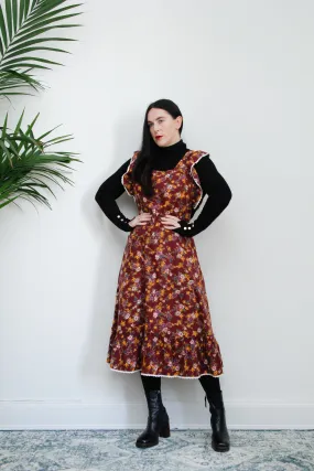 1970's Floral Apron Pinafore Cotton Maxi Dress