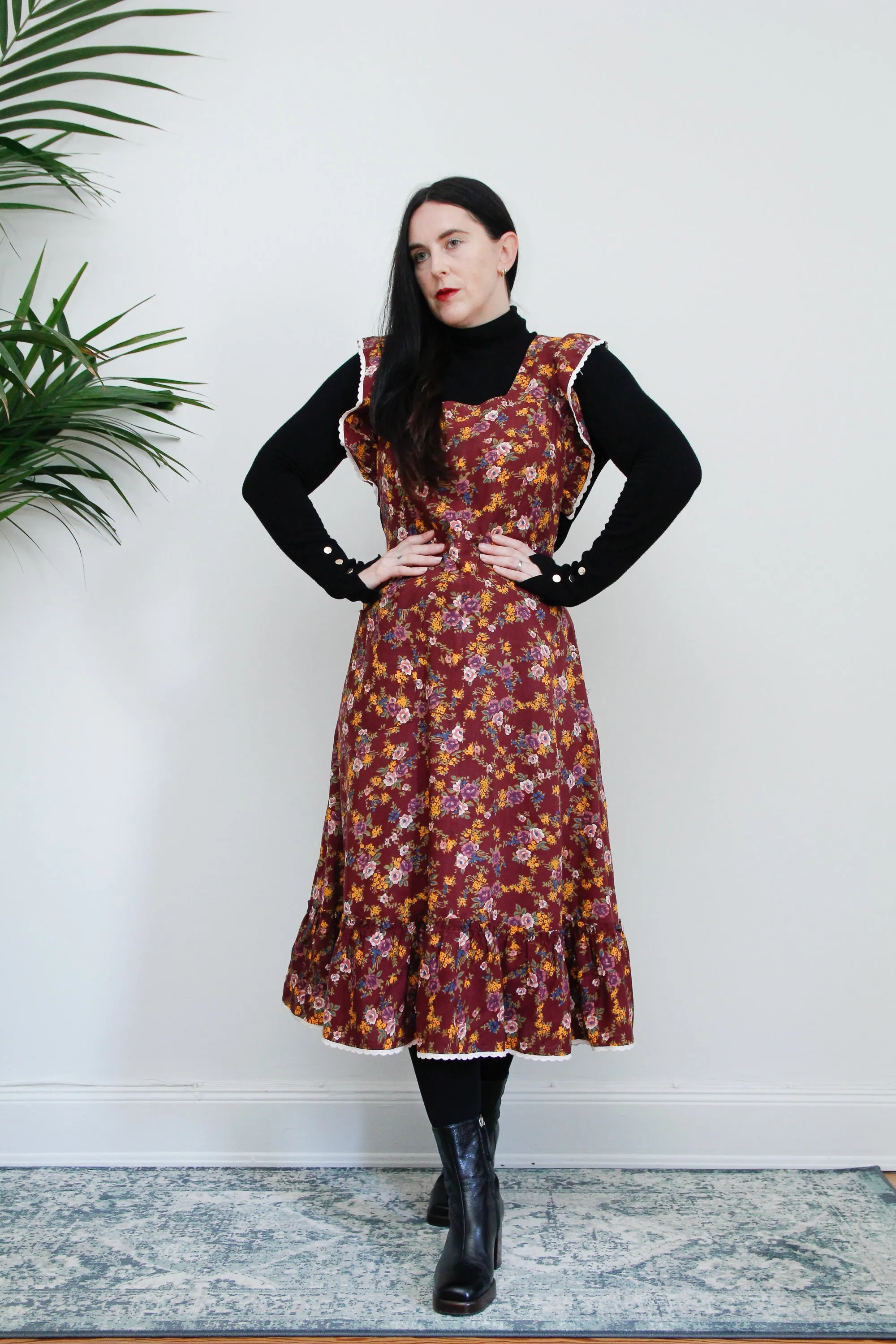 1970's Floral Apron Pinafore Cotton Maxi Dress