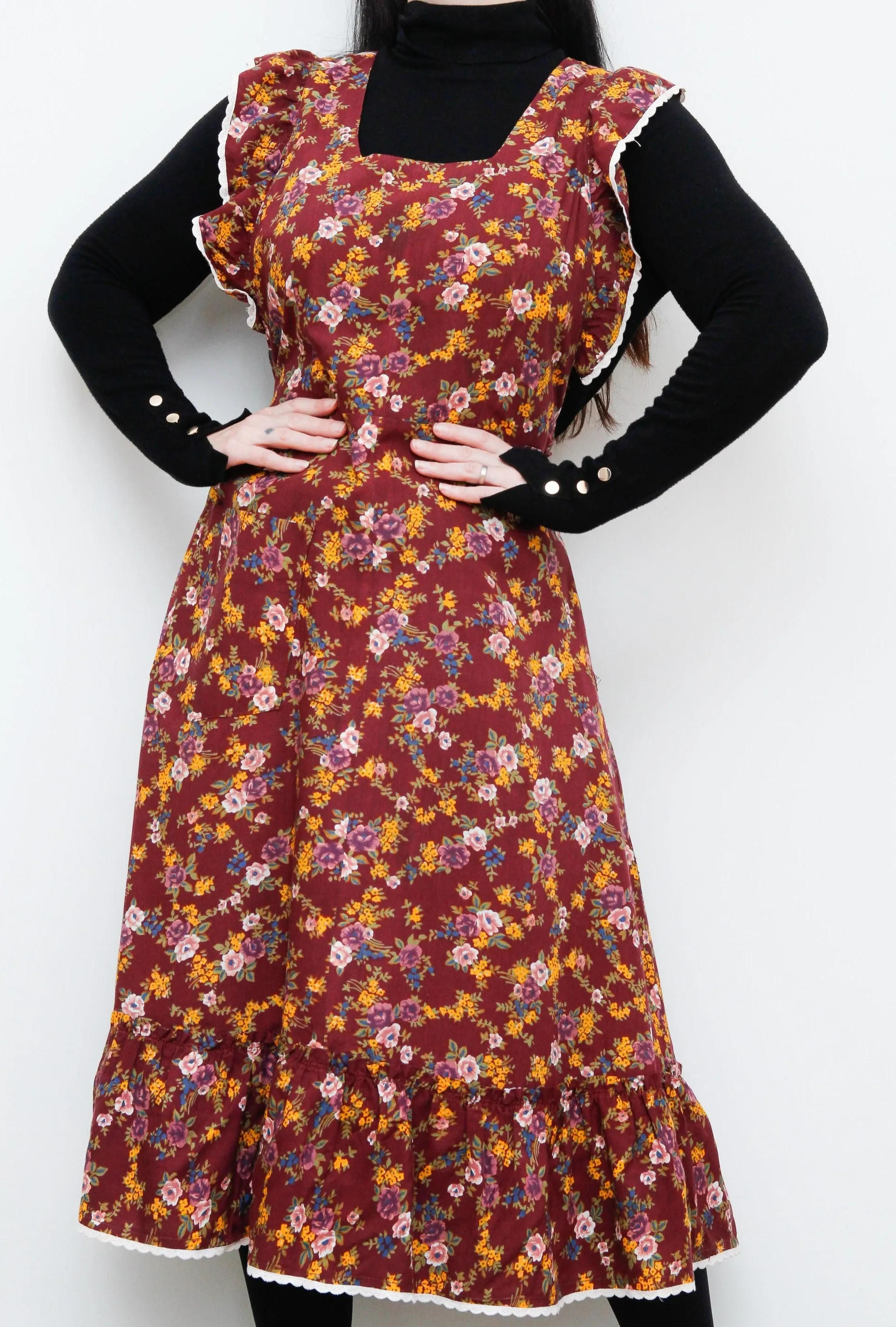 1970's Floral Apron Pinafore Cotton Maxi Dress