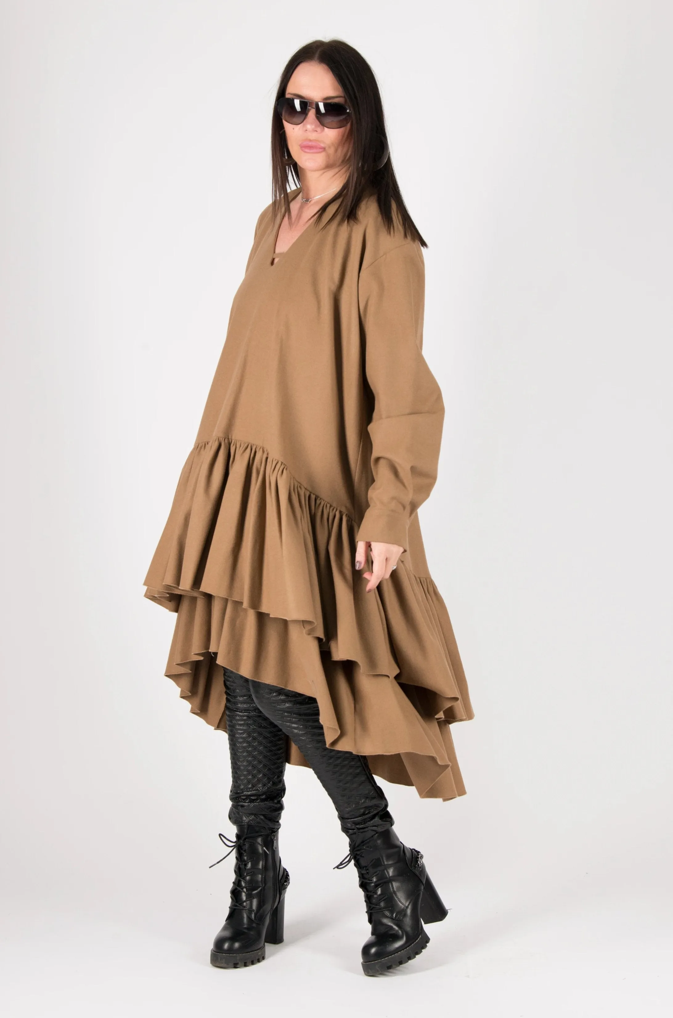 Autumn Winter Camel Cashmere Wool Long Dress by EUG Fashion