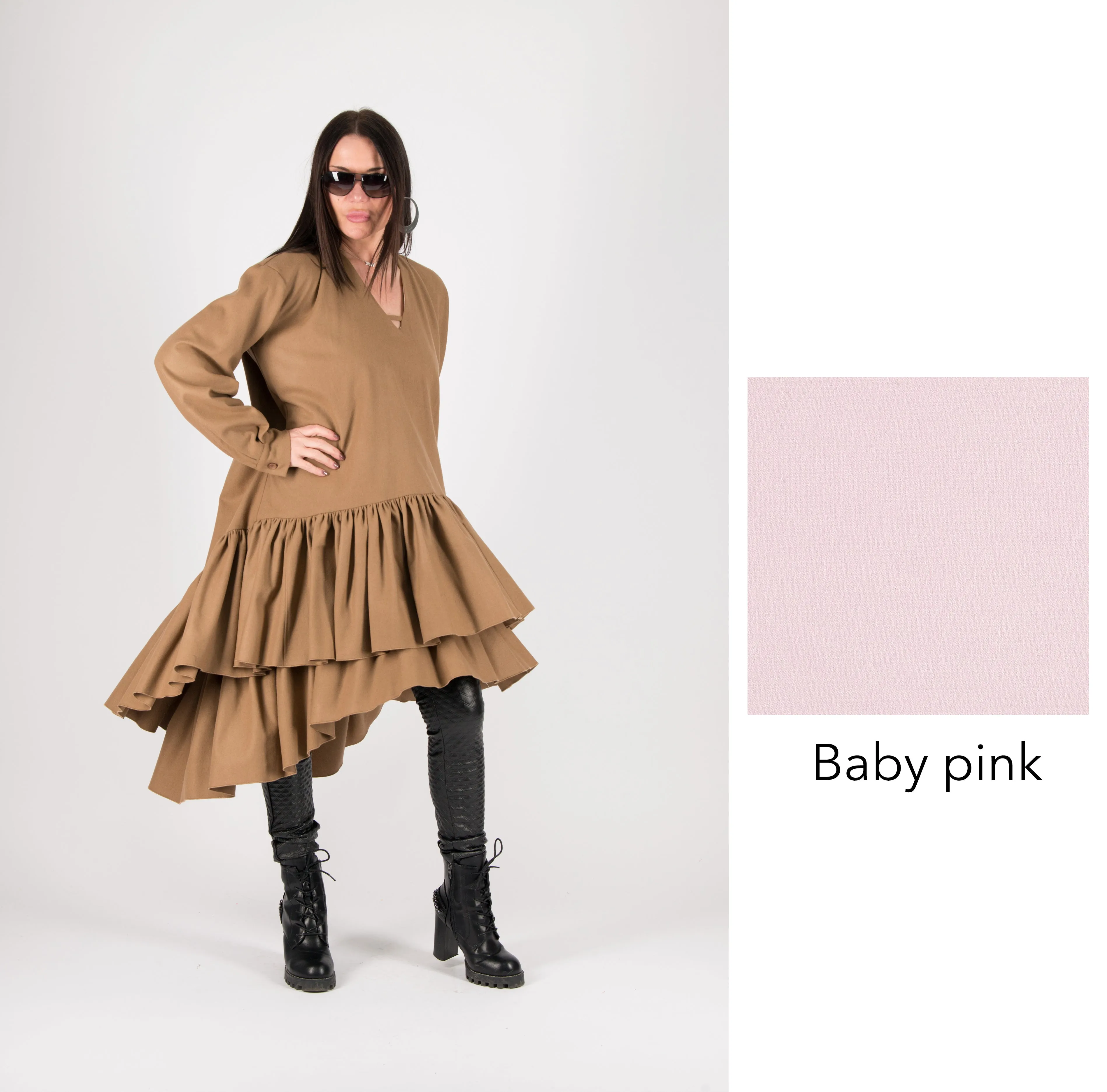 Autumn Winter Camel Cashmere Wool Long Dress by EUG Fashion