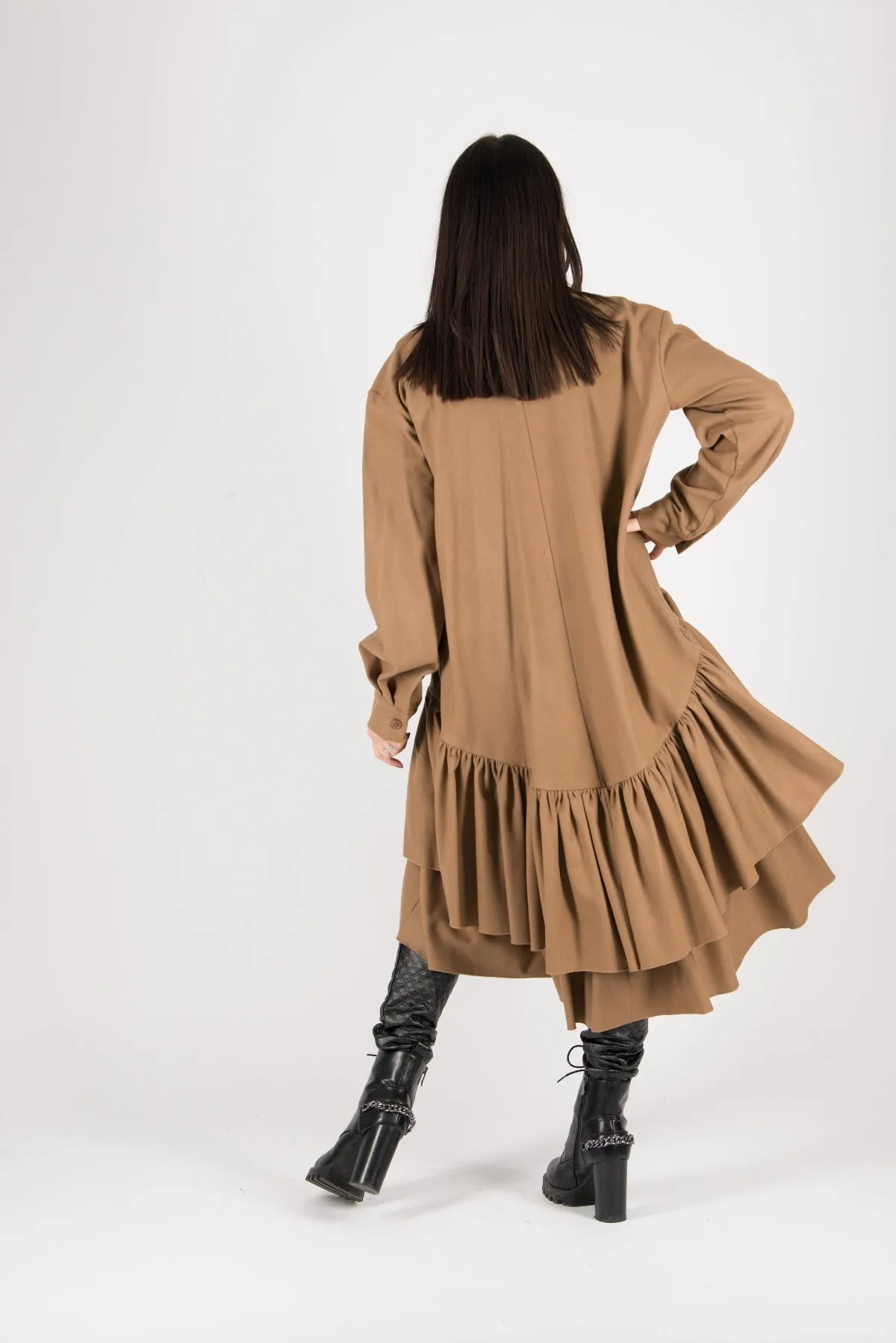Autumn Winter Camel Cashmere Wool Long Dress by EUG Fashion