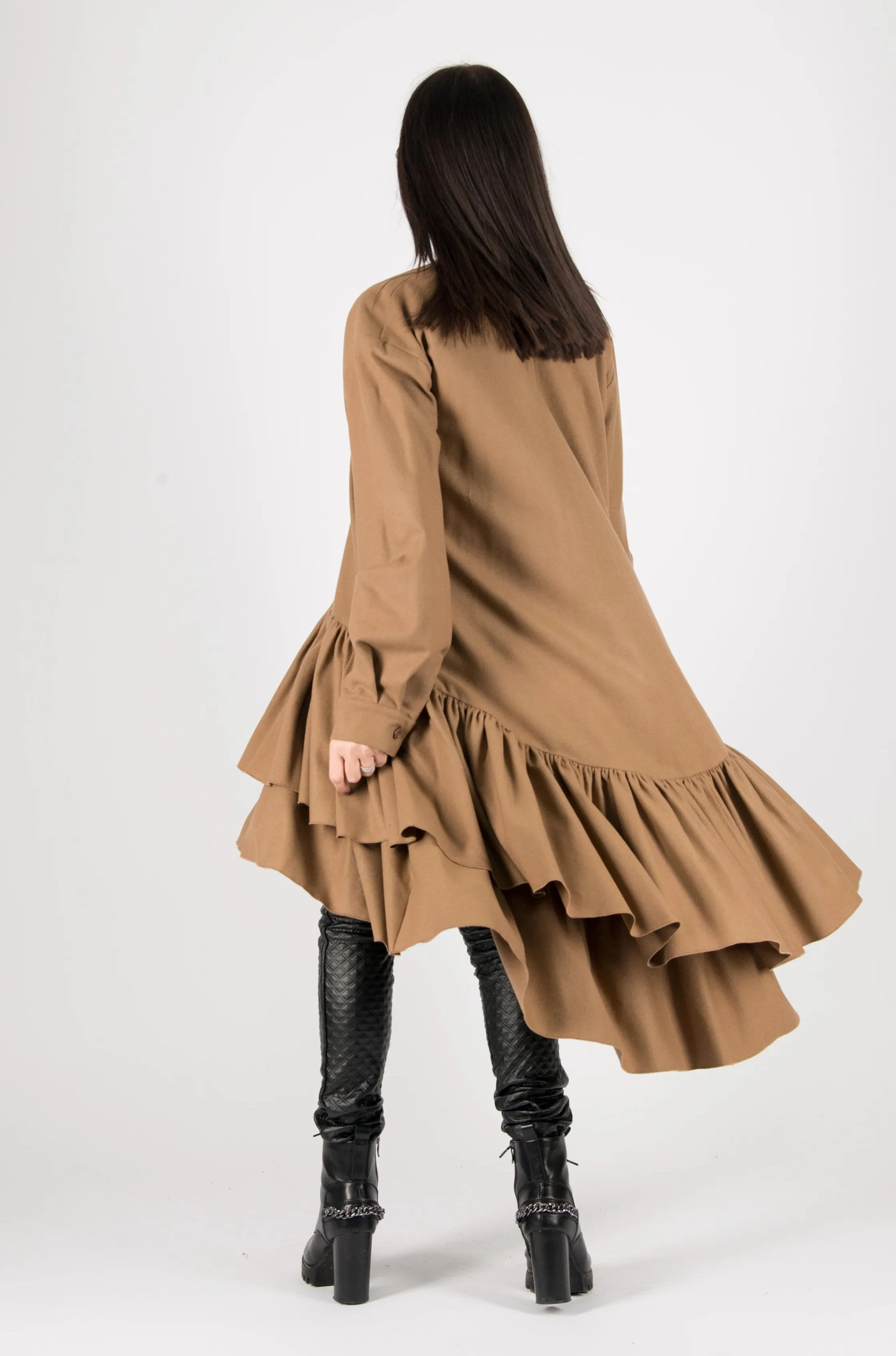 Autumn Winter Camel Cashmere Wool Long Dress by EUG Fashion
