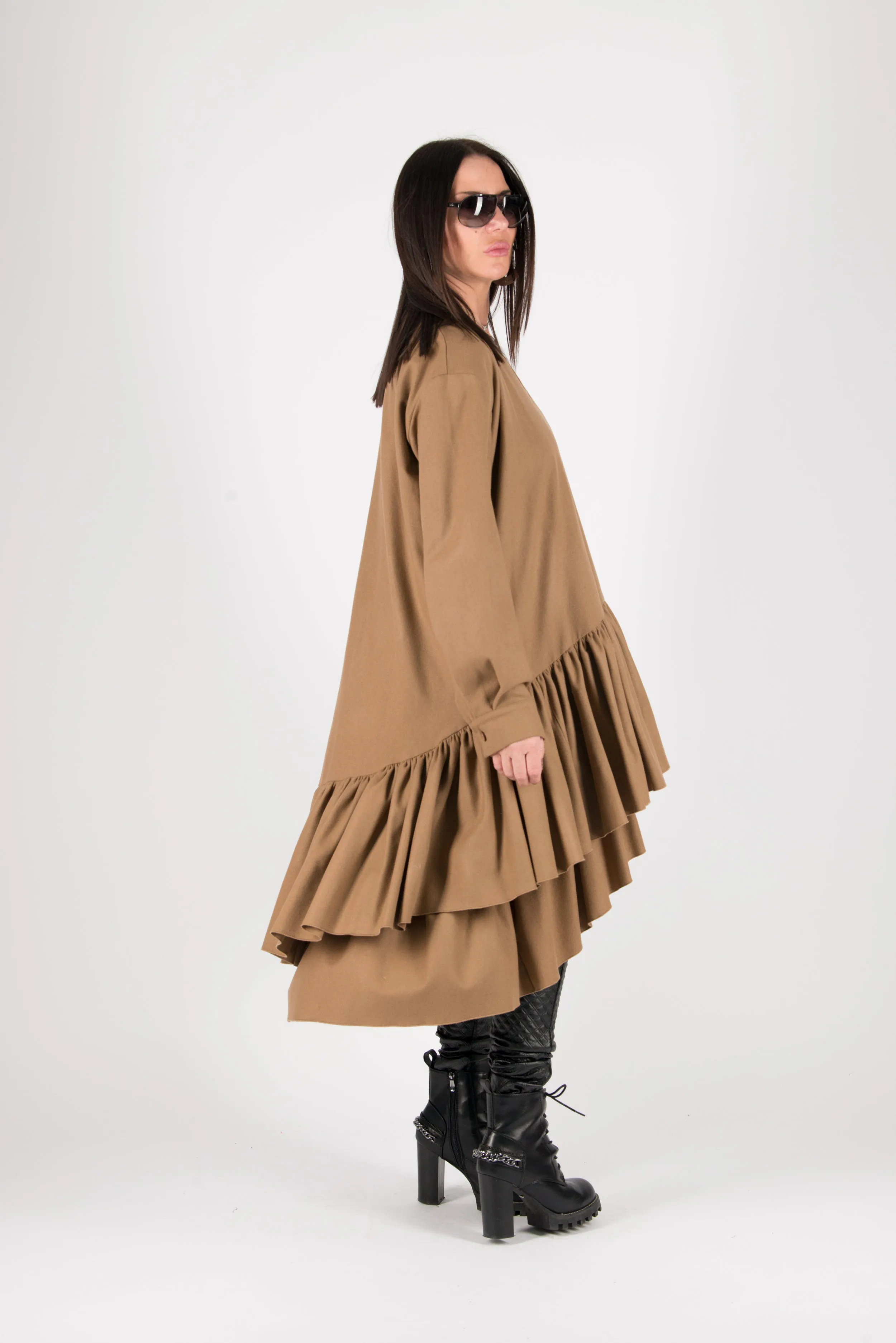Autumn Winter Camel Cashmere Wool Long Dress by EUG Fashion