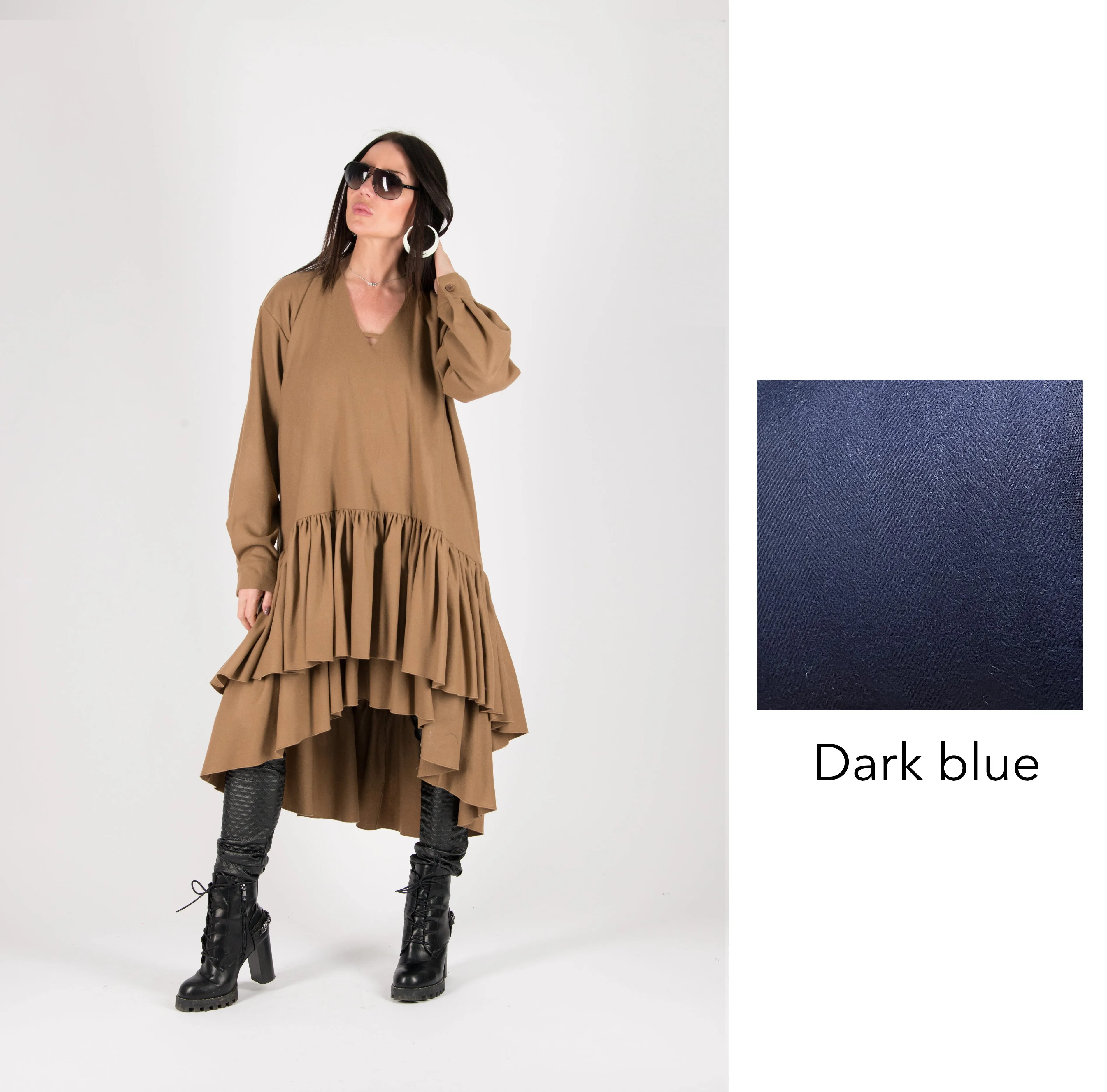 Autumn Winter Camel Cashmere Wool Long Dress by EUG Fashion