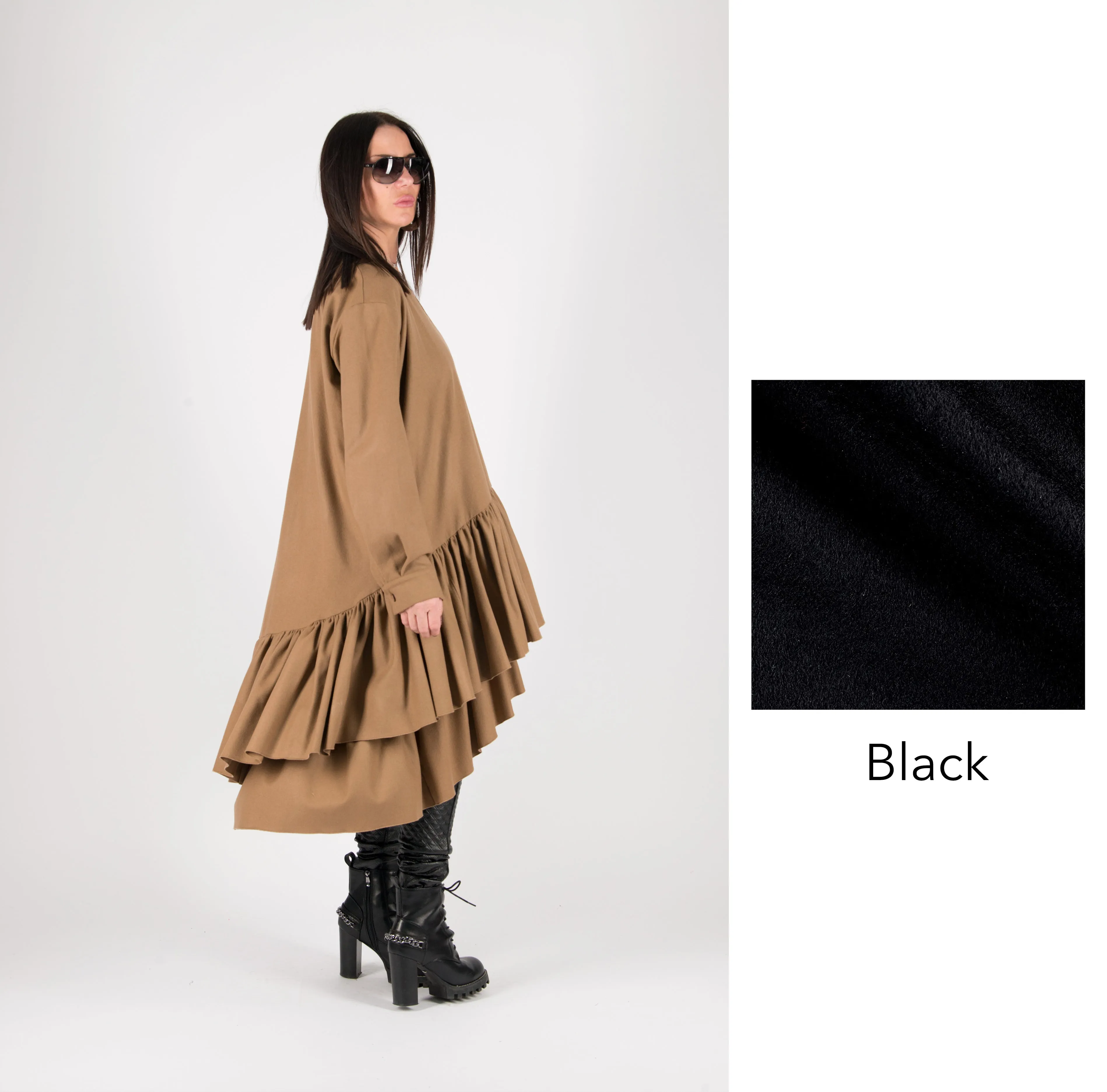 Autumn Winter Camel Cashmere Wool Long Dress by EUG Fashion