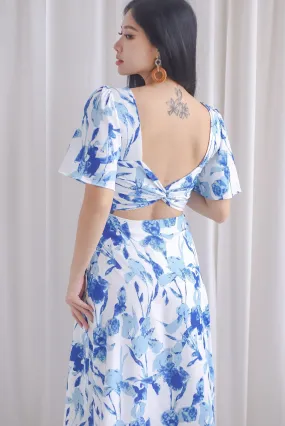 Izzy Leafy Padded Twist Back Midi Dress In Blue