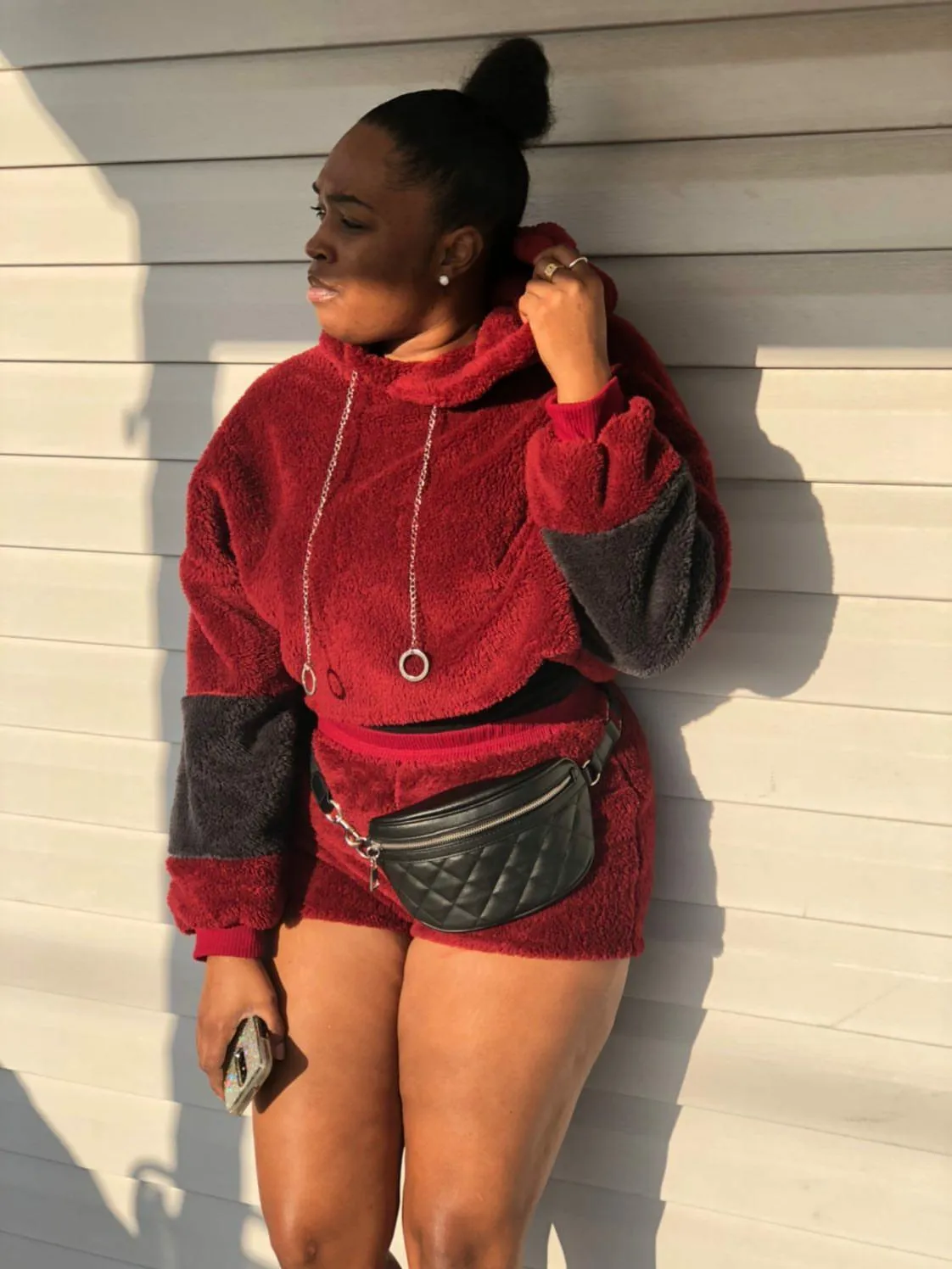 Just Vibes Burgundy/Charcoal Grey Cropped Top Teddy Sweater Hoodie & Mini Shorts Matching Set