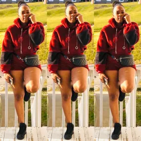 Just Vibes Burgundy/Charcoal Grey Cropped Top Teddy Sweater Hoodie & Mini Shorts Matching Set