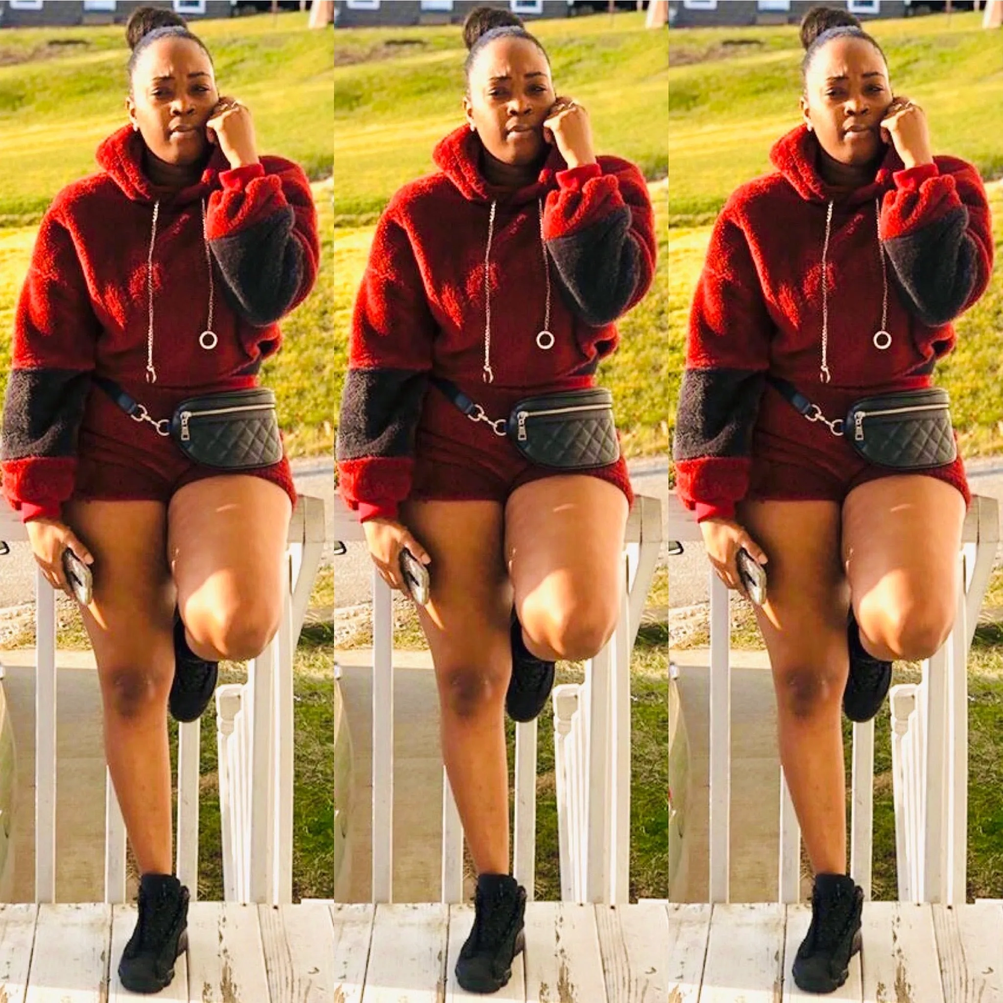 Just Vibes Burgundy/Charcoal Grey Cropped Top Teddy Sweater Hoodie & Mini Shorts Matching Set