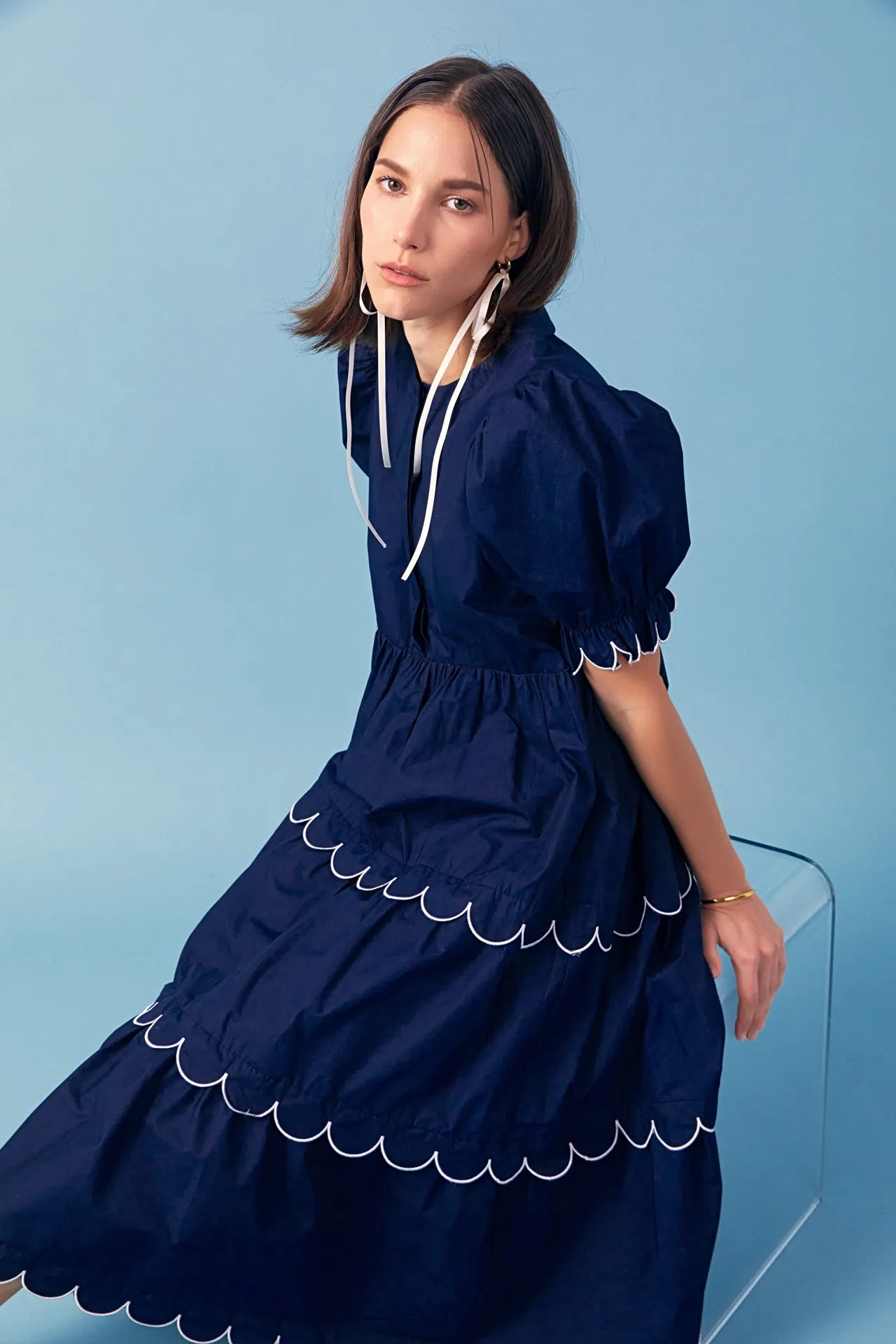 Navy Scalloped Edge Midi Dress