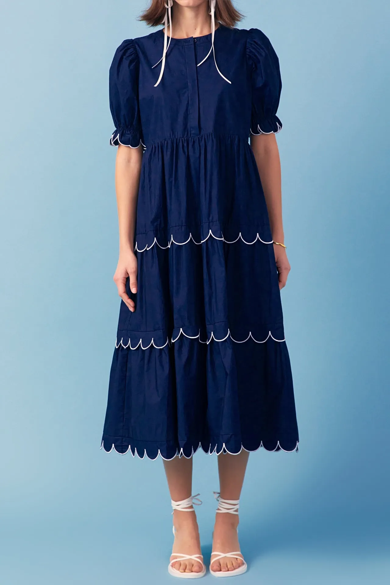 Navy Scalloped Edge Midi Dress