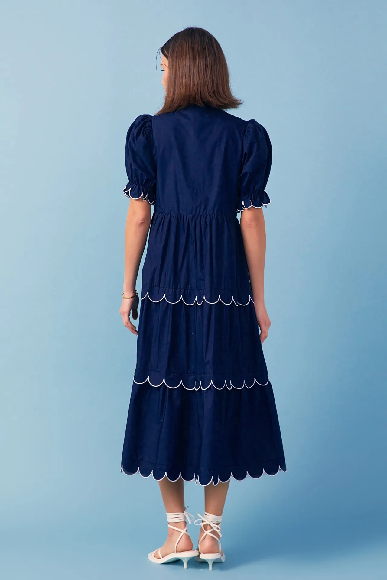 Navy Scalloped Edge Midi Dress
