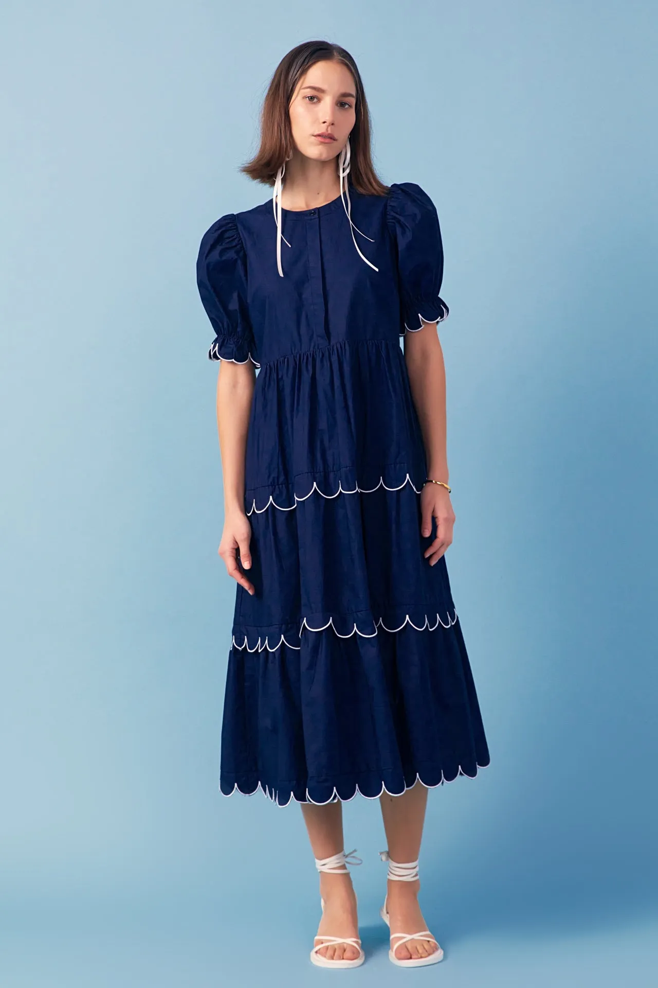 Navy Scalloped Edge Midi Dress