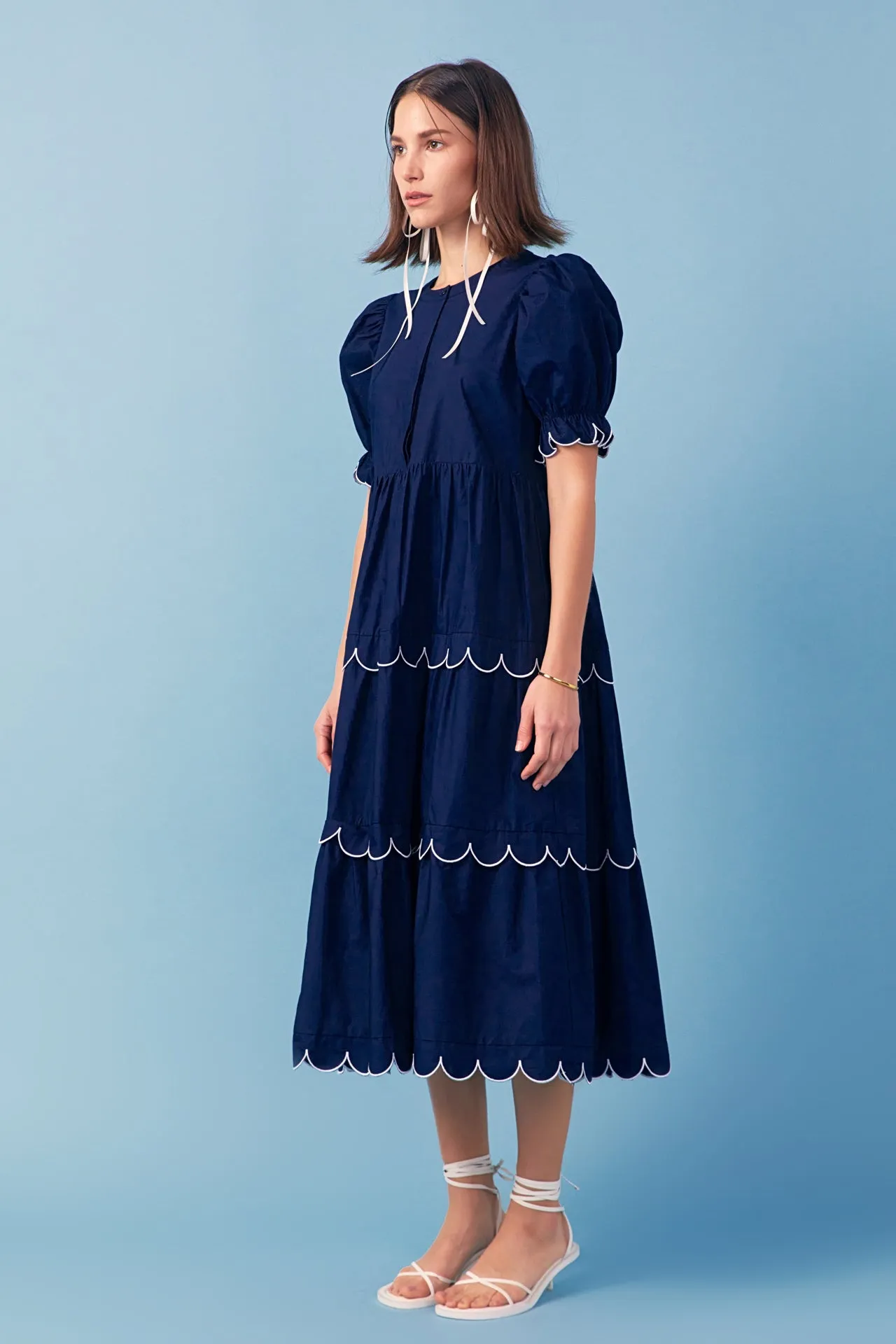 Navy Scalloped Edge Midi Dress