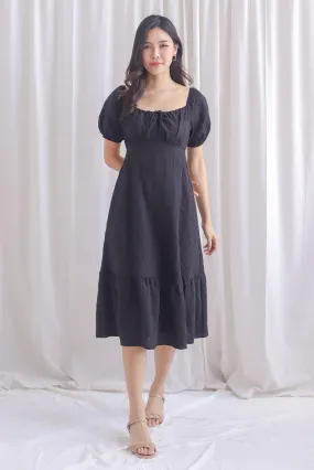 Patti Texture Puffy Sleeve Tie Midi Dress In Black