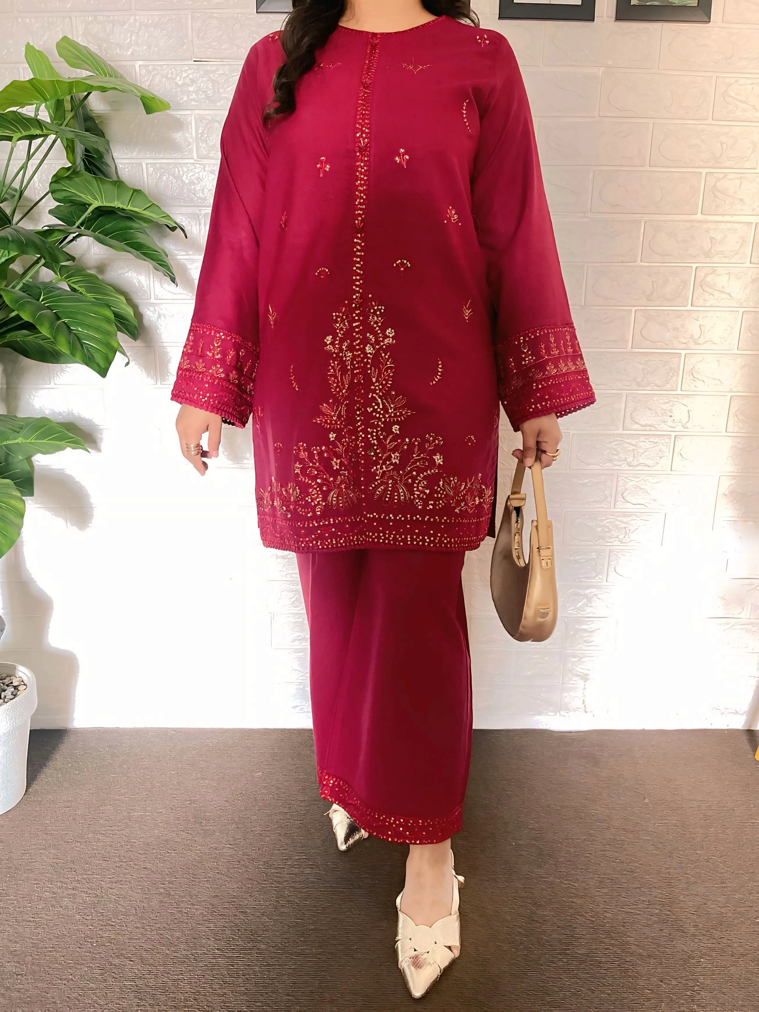 SEA SHELL Maroon 2PC - Stitched EMBROIDERED & Hand Embellished  DRESS