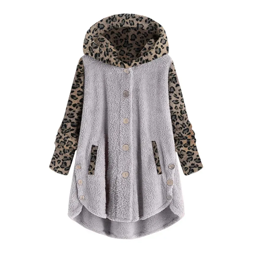 Women Fleece Leopard Sweater Teddy Fuzzy Faux Fur Cardigan Hooded Winter Coat Plus Size 5XL Fluffy Sweaters Lady Oversized Top