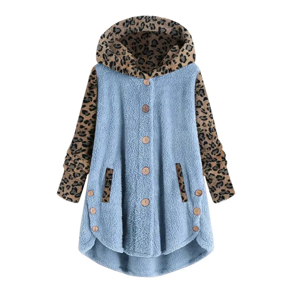 Women Fleece Leopard Sweater Teddy Fuzzy Faux Fur Cardigan Hooded Winter Coat Plus Size 5XL Fluffy Sweaters Lady Oversized Top