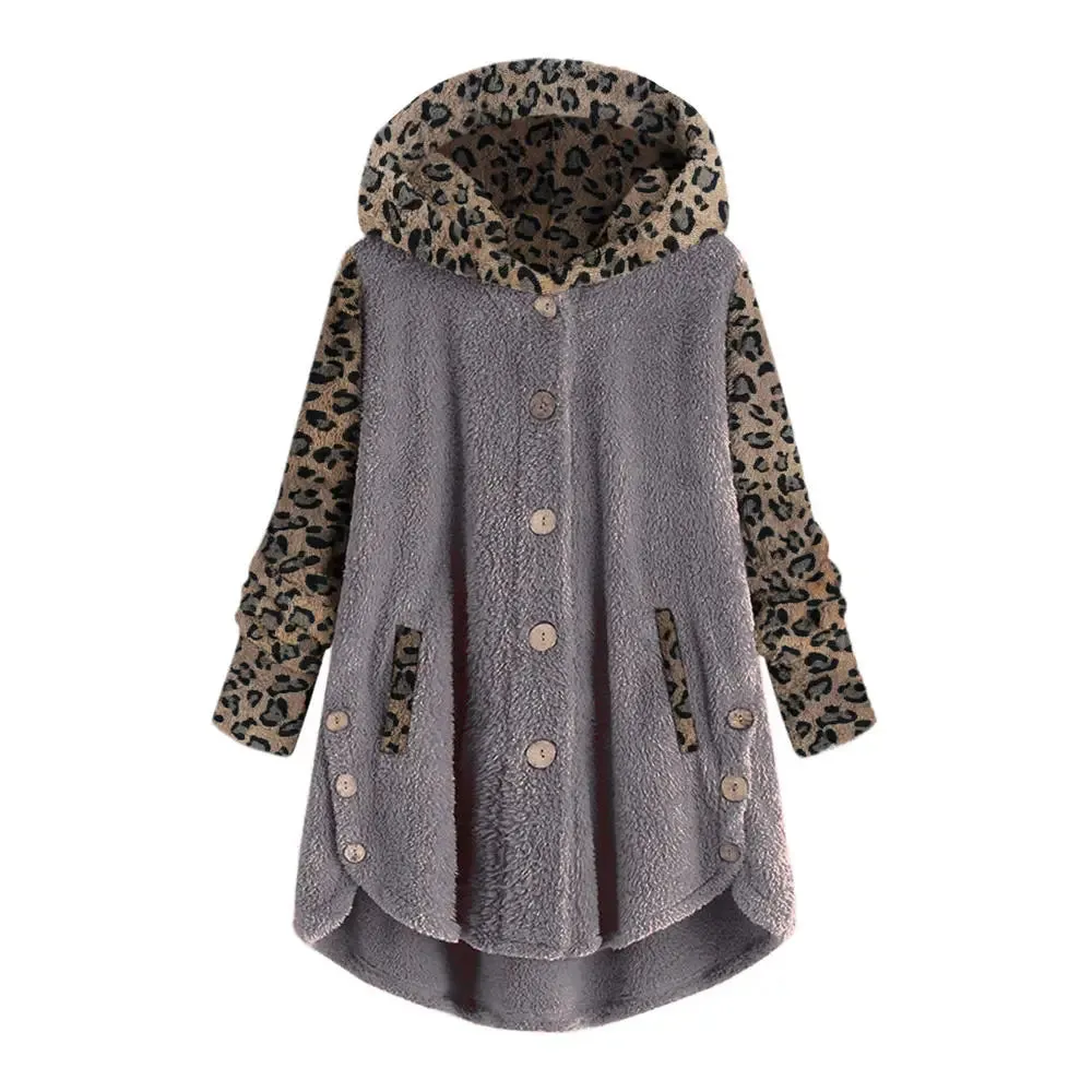 Women Fleece Leopard Sweater Teddy Fuzzy Faux Fur Cardigan Hooded Winter Coat Plus Size 5XL Fluffy Sweaters Lady Oversized Top