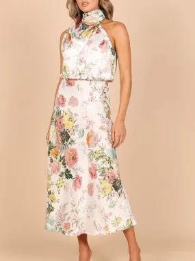 Women’s Sleeveless Halter Neck Printed Satin Maxi Dress in 6 Patterns S-XL