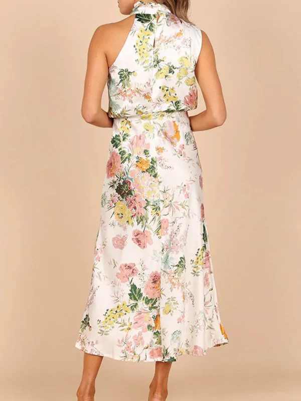 Women’s Sleeveless Halter Neck Printed Satin Maxi Dress in 6 Patterns S-XL
