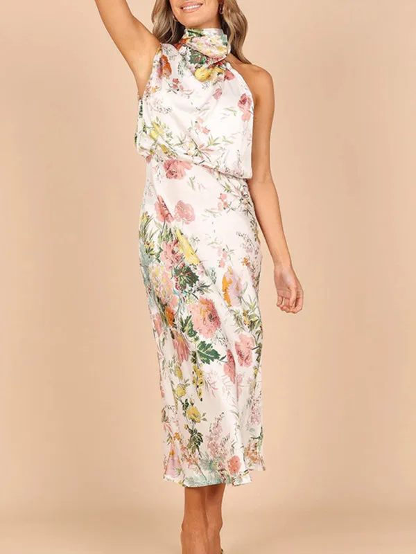 Women’s Sleeveless Halter Neck Printed Satin Maxi Dress in 6 Patterns S-XL