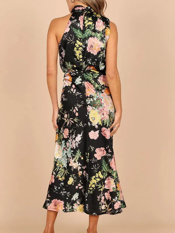 Women’s Sleeveless Halter Neck Printed Satin Maxi Dress in 6 Patterns S-XL
