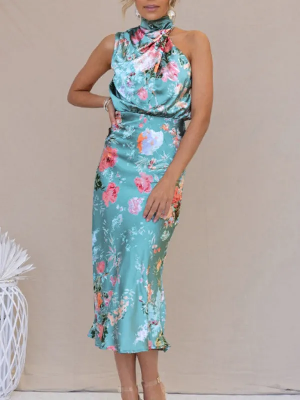 Women’s Sleeveless Halter Neck Printed Satin Maxi Dress in 6 Patterns S-XL