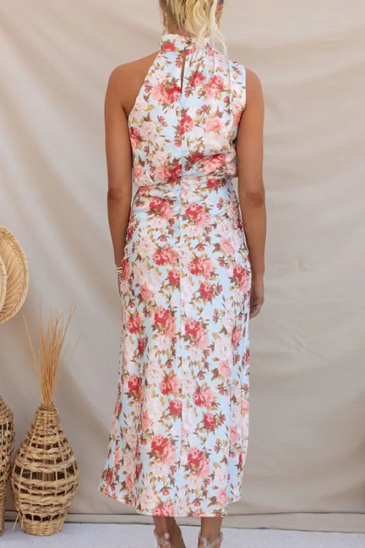 Women’s Sleeveless Halter Neck Printed Satin Maxi Dress in 6 Patterns S-XL