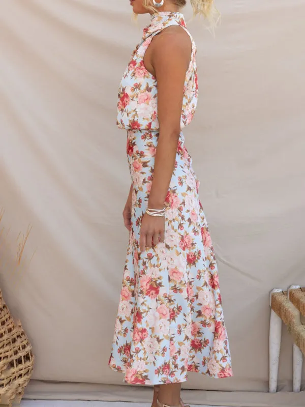 Women’s Sleeveless Halter Neck Printed Satin Maxi Dress in 6 Patterns S-XL