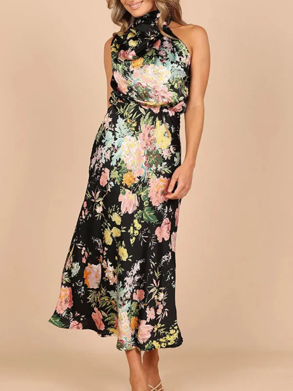 Women’s Sleeveless Halter Neck Printed Satin Maxi Dress in 6 Patterns S-XL