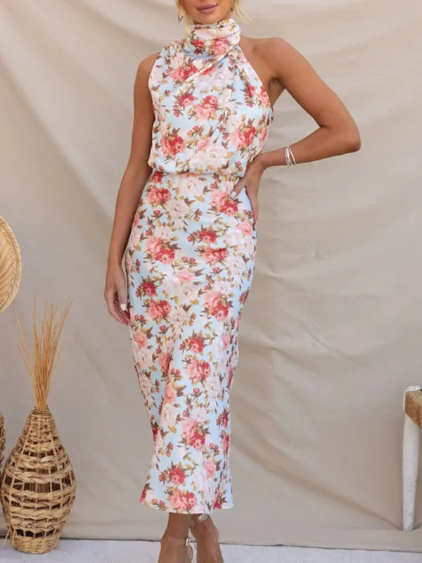 Women’s Sleeveless Halter Neck Printed Satin Maxi Dress in 6 Patterns S-XL