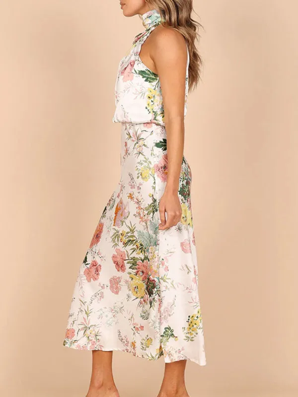 Women’s Sleeveless Halter Neck Printed Satin Maxi Dress in 6 Patterns S-XL