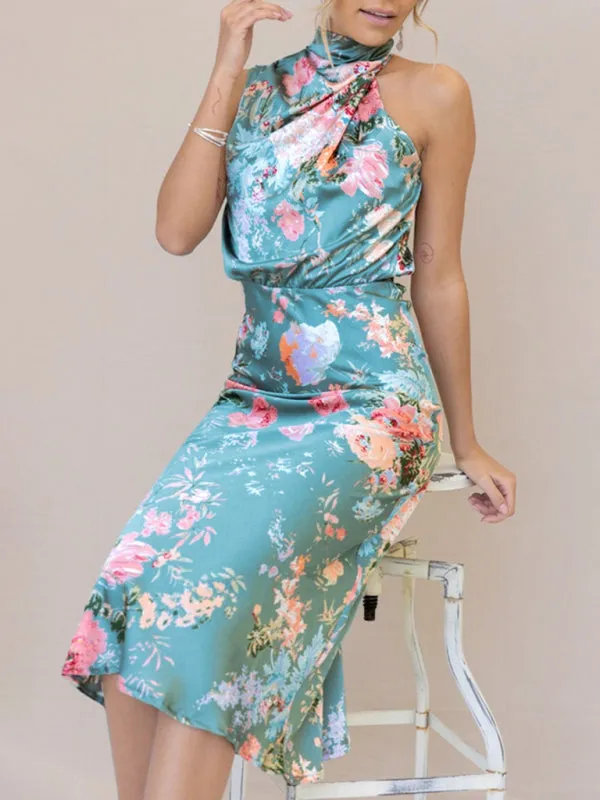 Women’s Sleeveless Halter Neck Printed Satin Maxi Dress in 6 Patterns S-XL