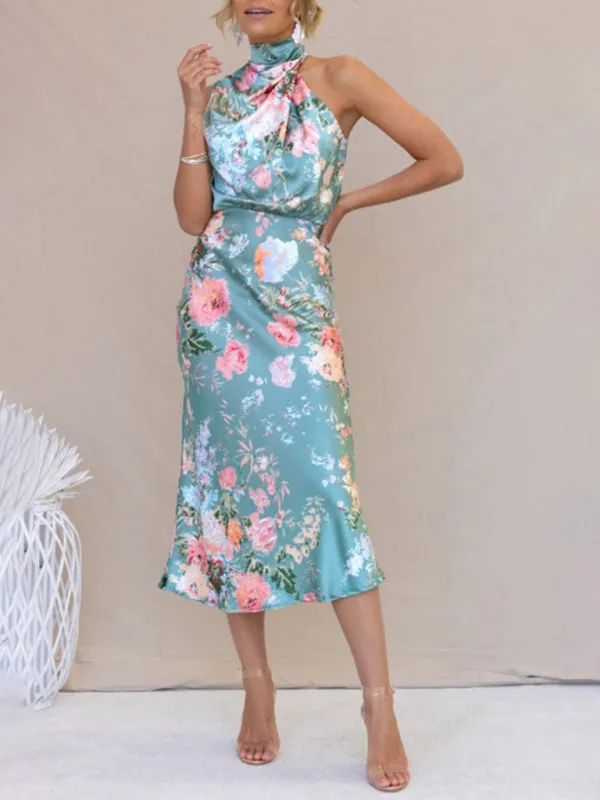 Women’s Sleeveless Halter Neck Printed Satin Maxi Dress in 6 Patterns S-XL