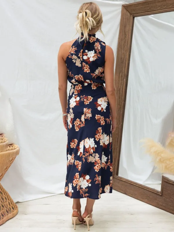 Women’s Sleeveless Halter Neck Printed Satin Maxi Dress in 6 Patterns S-XL