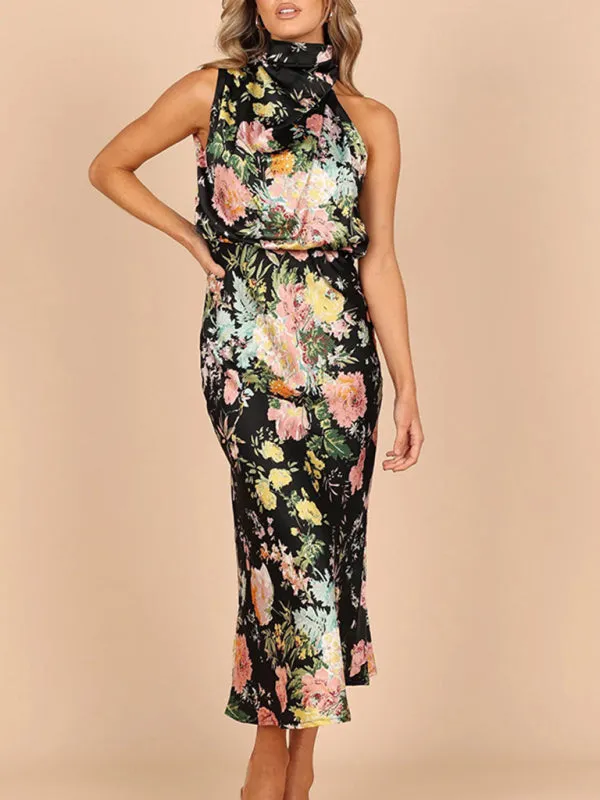 Women’s Sleeveless Halter Neck Printed Satin Maxi Dress in 6 Patterns S-XL