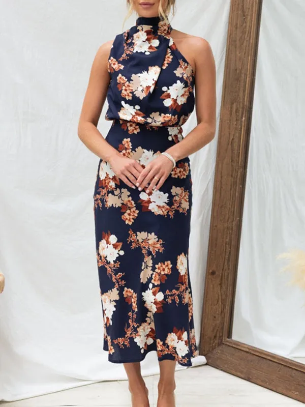 Women’s Sleeveless Halter Neck Printed Satin Maxi Dress in 6 Patterns S-XL
