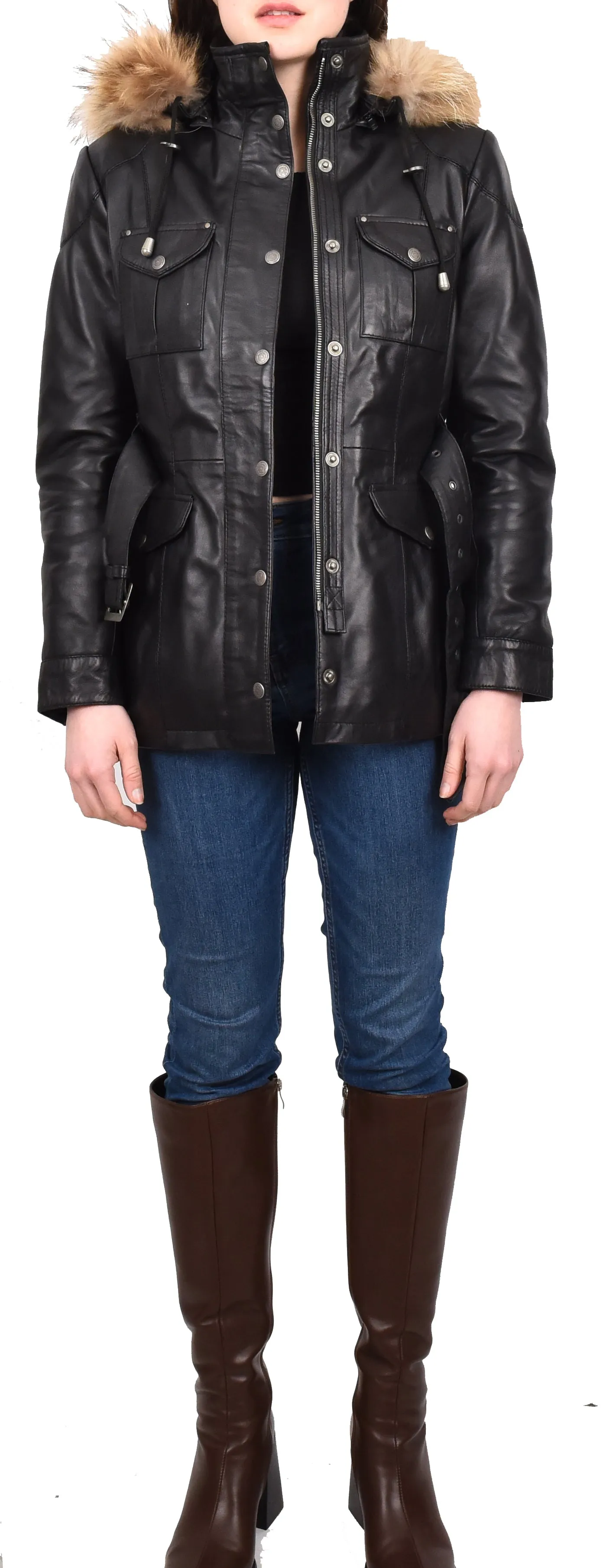 Women's Winter Warm Real Leather Hood Jacket Black Elara